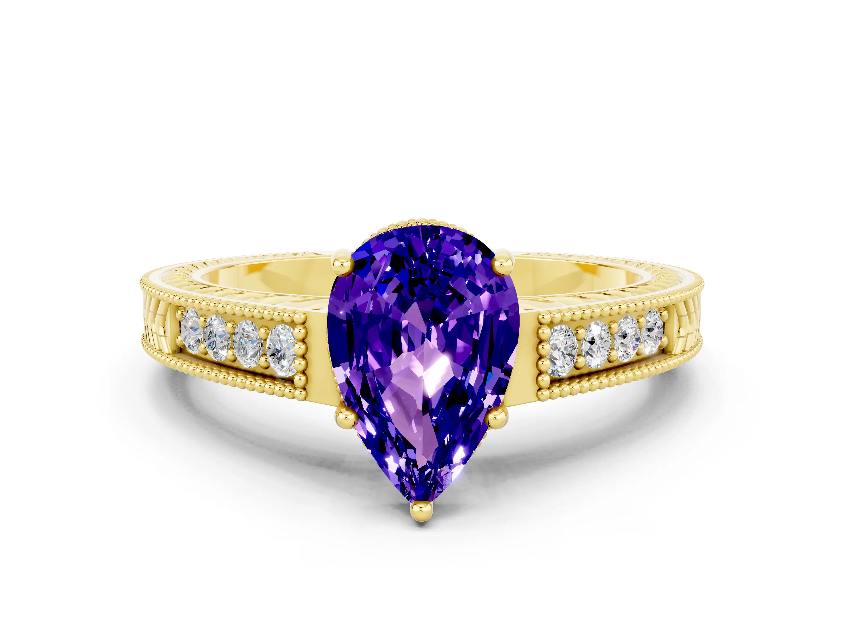 Yellow gold Pear Cut Tanzanite Engagement Ring with Milgrain Channel Set Band and Prong Setting