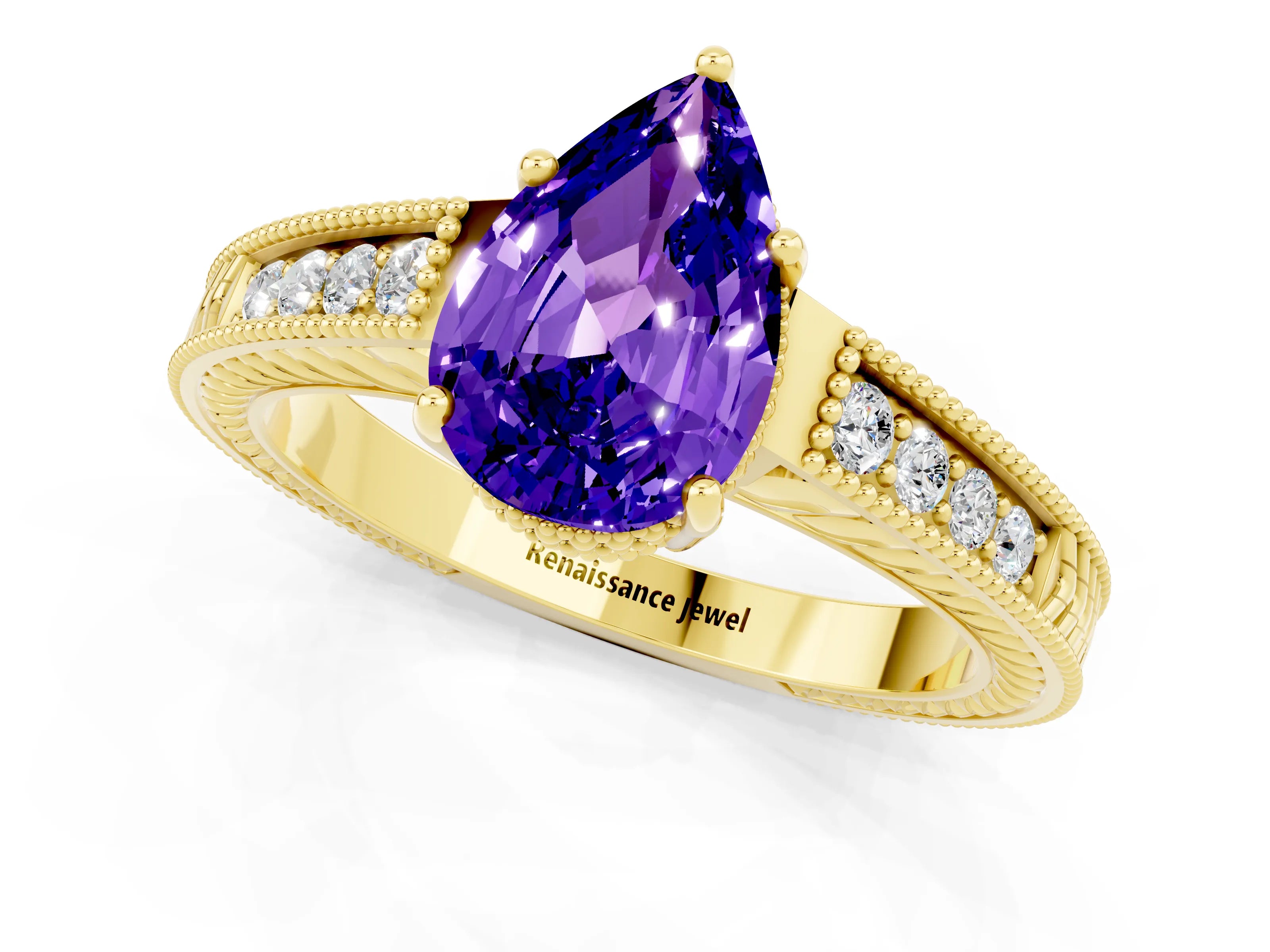 Yellow gold Pear Cut Tanzanite Engagement Ring with Milgrain Channel Set Band and Prong Setting_1
