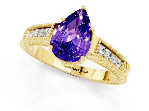 Yellow gold Pear Cut Tanzanite Engagement Ring with Milgrain Channel Set Band and Prong Setting_1