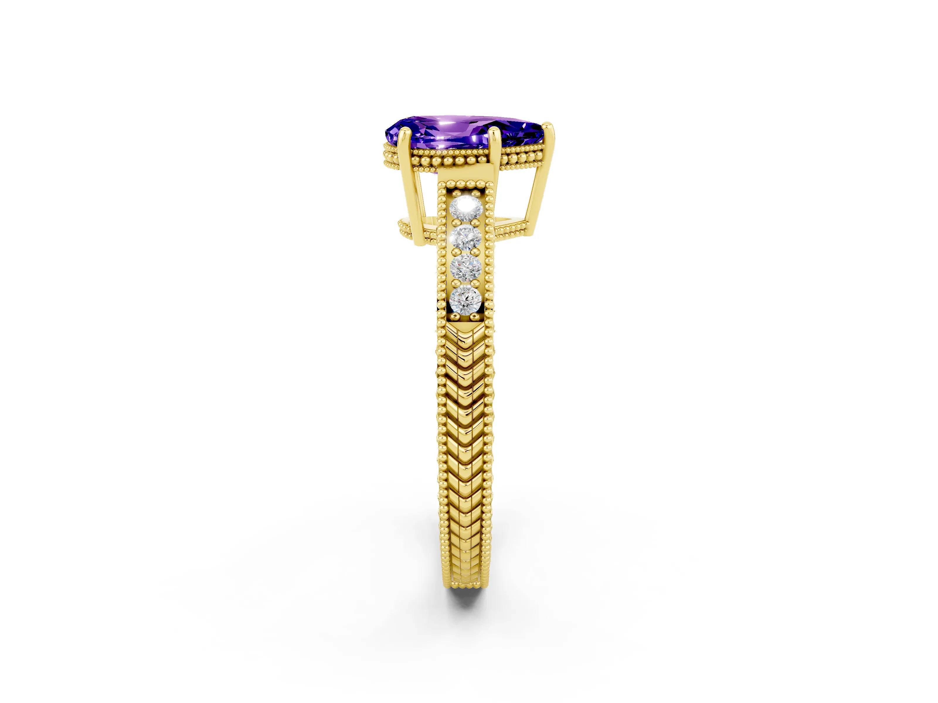 Yellow gold Pear Cut Tanzanite Engagement Ring with Milgrain Channel Set Band and Prong Setting_2