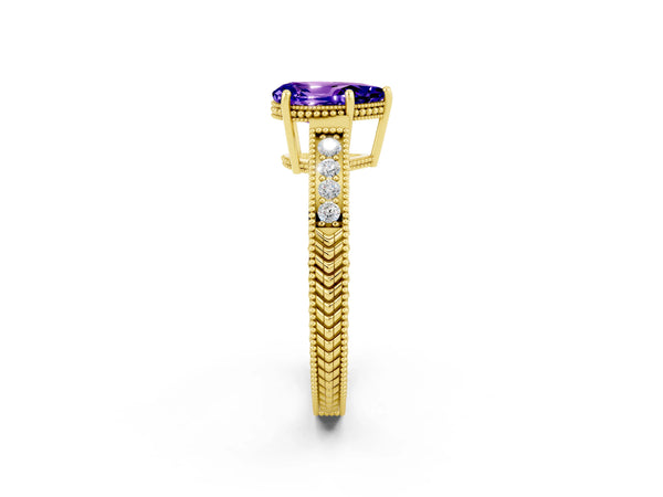 Yellow gold Pear Cut Tanzanite Engagement Ring with Milgrain Channel Set Band and Prong Setting