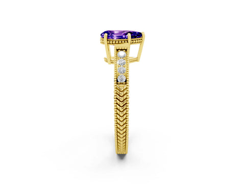 Yellow gold Pear Cut Tanzanite Engagement Ring with Milgrain Channel Set Band and Prong Setting_2