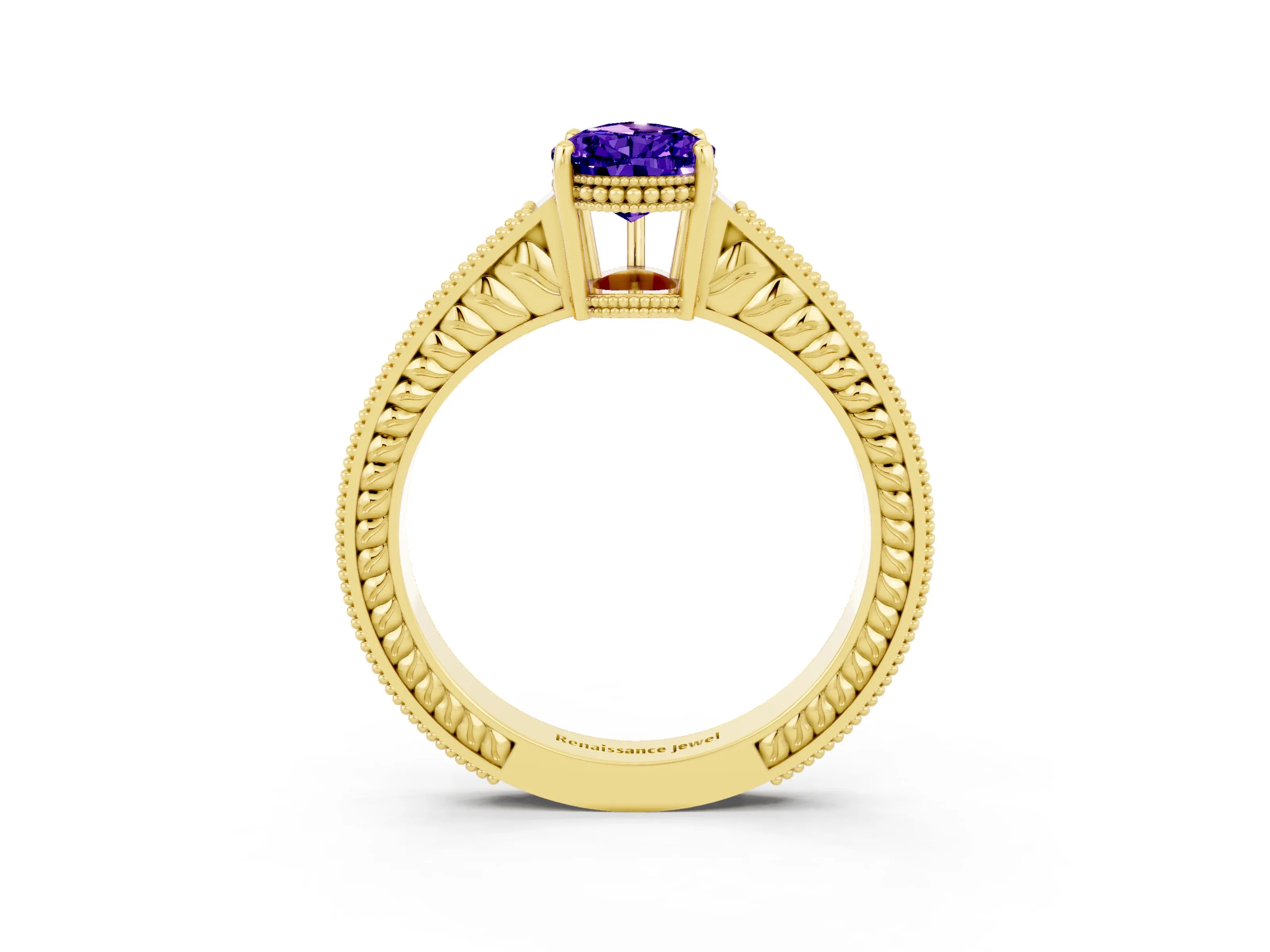 Yellow gold Pear Cut Tanzanite Engagement Ring with Milgrain Channel Set Band and Prong Setting_3