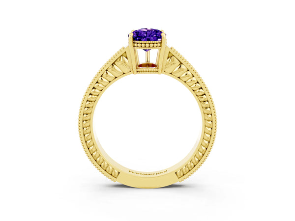 Yellow gold Pear Cut Tanzanite Engagement Ring with Milgrain Channel Set Band and Prong Setting