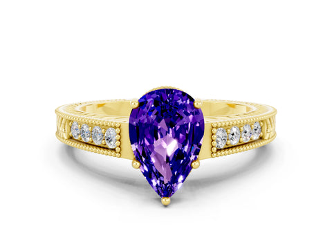 Yellow gold Pear Cut Tanzanite Engagement Ring with Milgrain Channel Set Band and Prong Setting