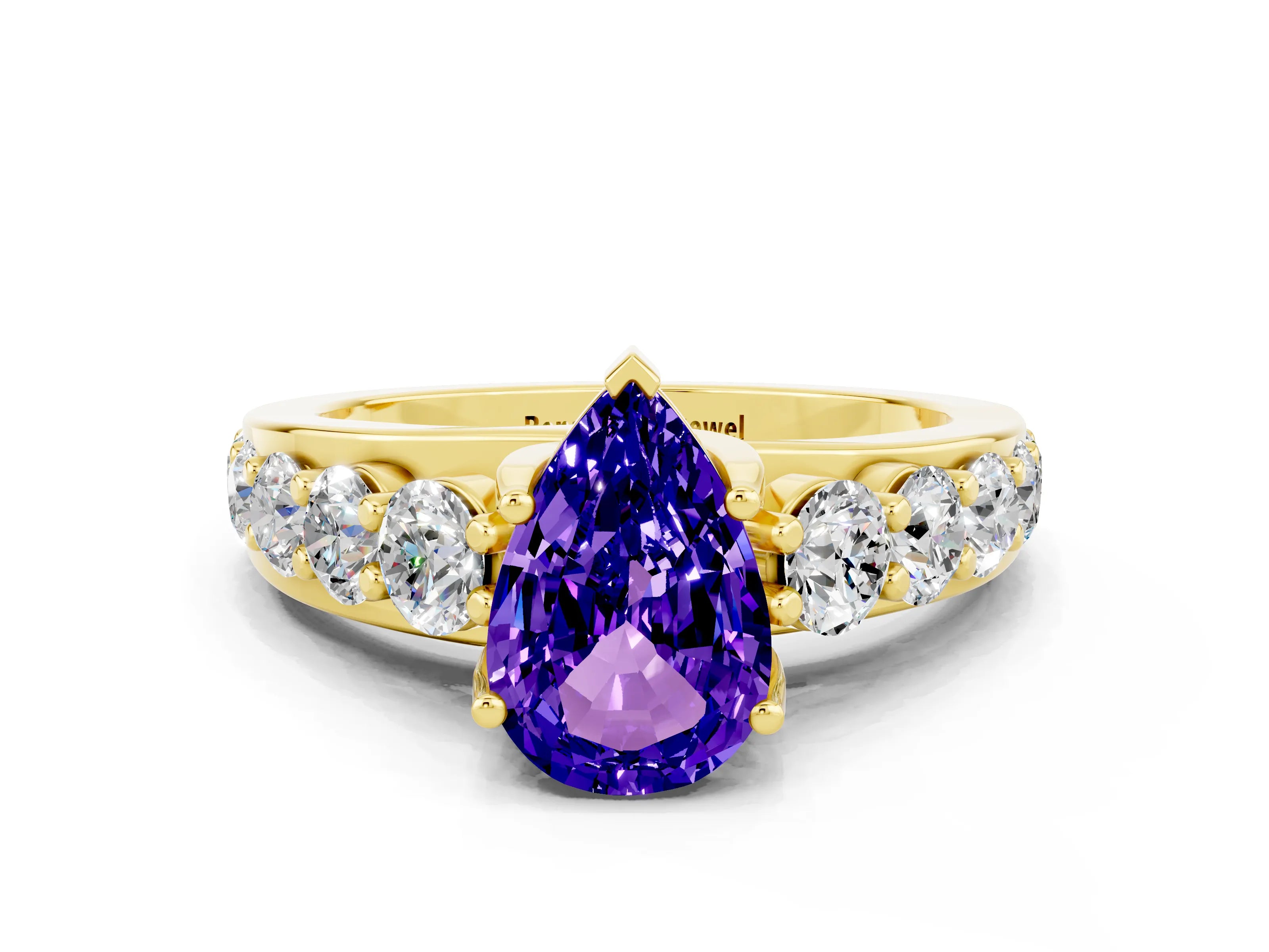 Yellow gold Pear Cut Tanzanite Engagement Ring with Pavé Band and Four-Prong Setting