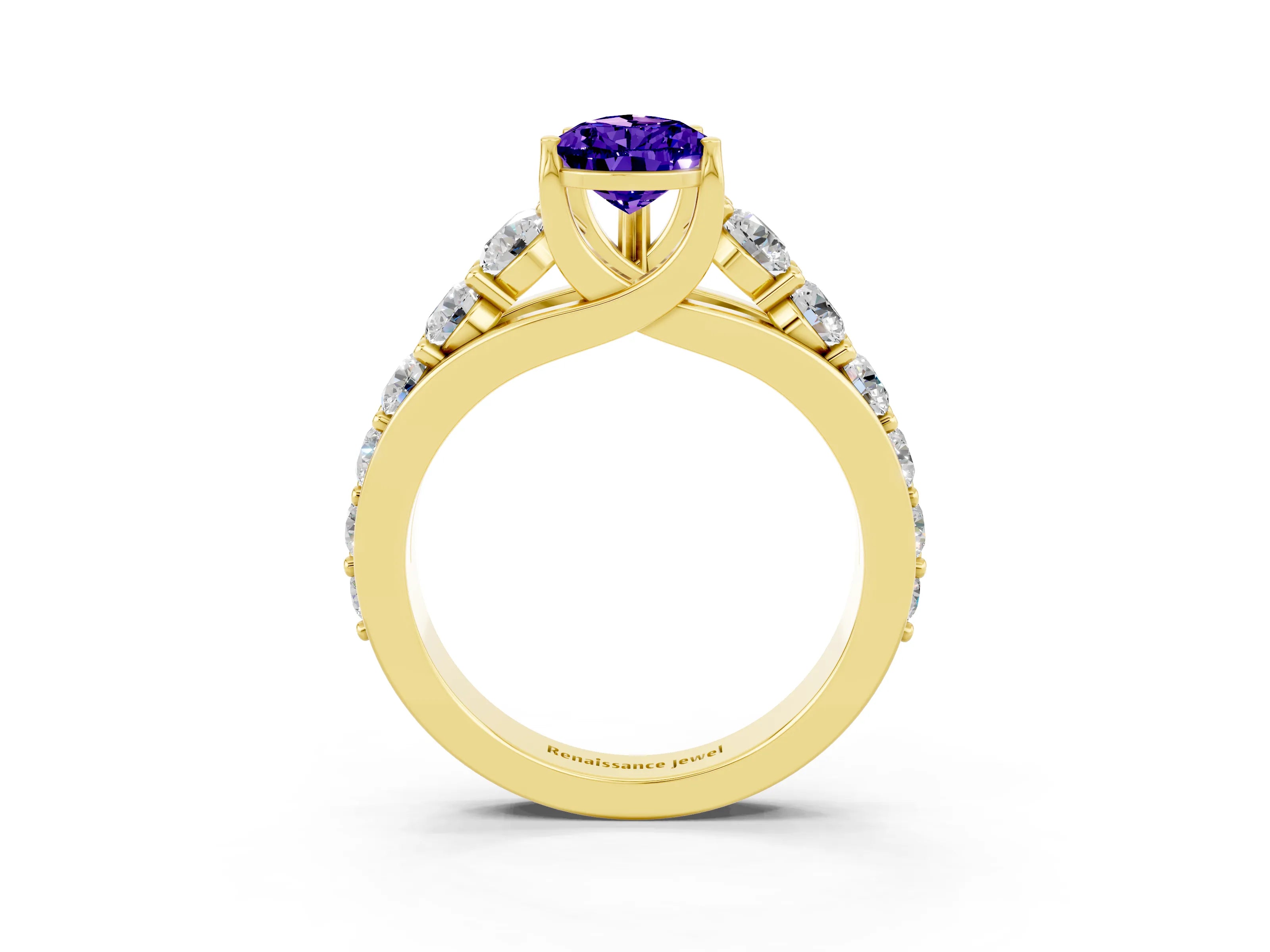 Yellow gold Pear Cut Tanzanite Engagement Ring with Pavé Band and Four-Prong Setting_3