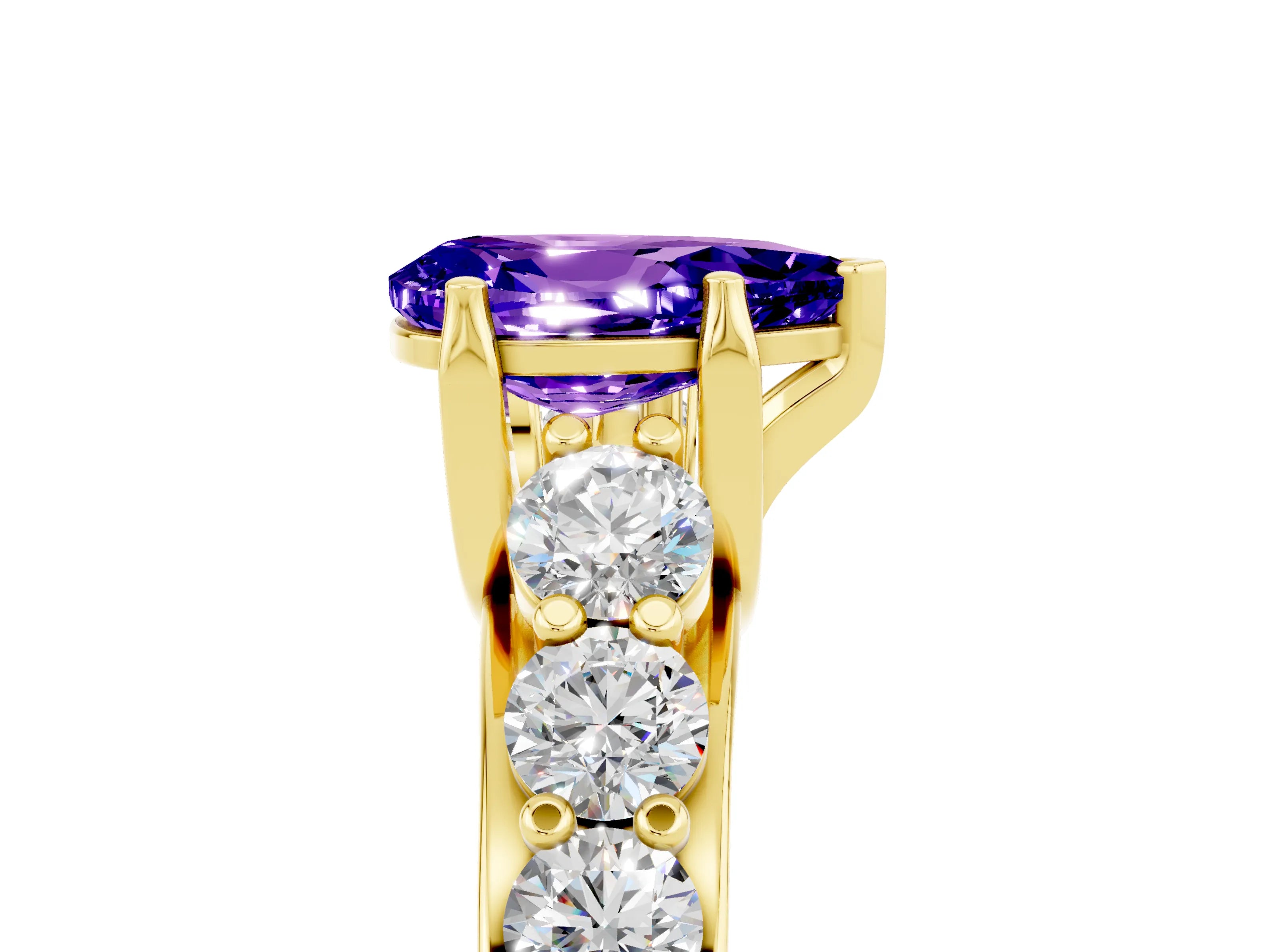 Yellow gold Pear Cut Tanzanite Engagement Ring with Pavé Band and Four-Prong Setting_5