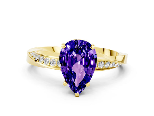 Yellow gold Pear Cut Tanzanite Engagement Ring with Side Stone Accents and Four-Prong Setting