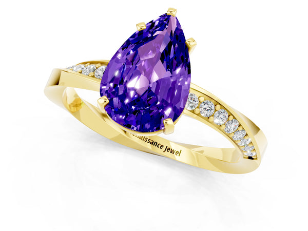 Yellow gold Pear Cut Tanzanite Engagement Ring with Side Stone Accents and Four-Prong Setting