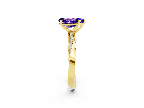 Yellow gold Pear Cut Tanzanite Engagement Ring with Side Stone Accents and Four-Prong Setting