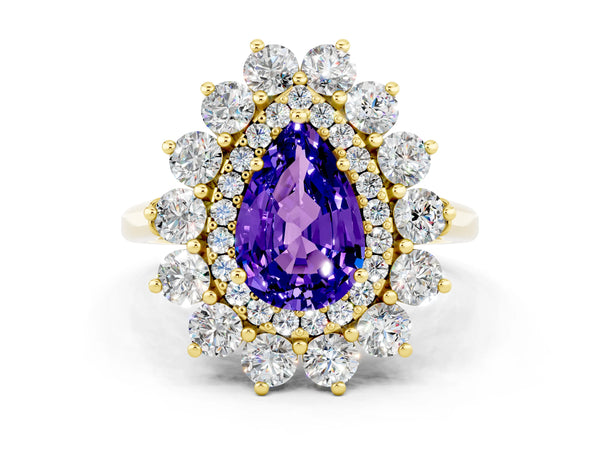 Yellow gold Pear Cut Tanzanite Floral Double Halo Engagement Ring with Prong Setting