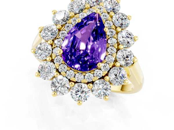 Yellow gold Pear Cut Tanzanite Floral Double Halo Engagement Ring with Prong Setting
