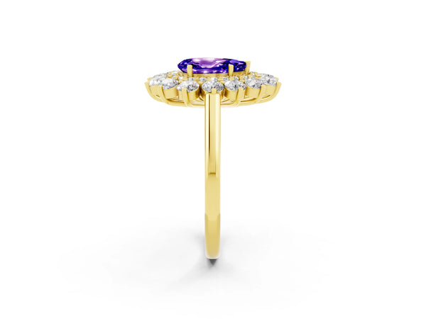 Yellow gold Pear Cut Tanzanite Floral Double Halo Engagement Ring with Prong Setting