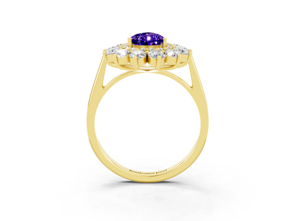 Yellow gold Pear Cut Tanzanite Floral Double Halo Engagement Ring with Prong Setting