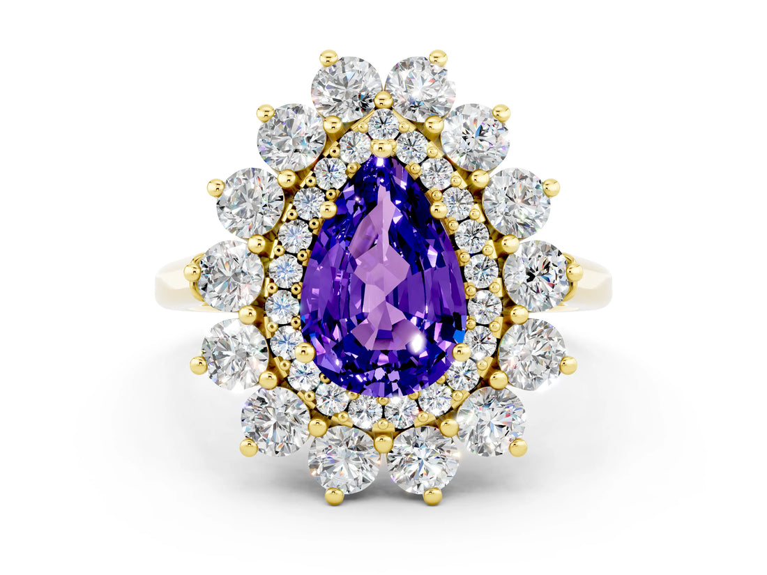 Yellow gold Pear Cut Tanzanite Floral Double Halo Engagement Ring with Prong Setting_60