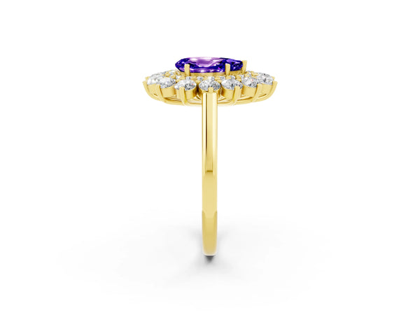 Yellow gold Pear Cut Tanzanite Floral Double Halo Engagement Ring with Prong Setting