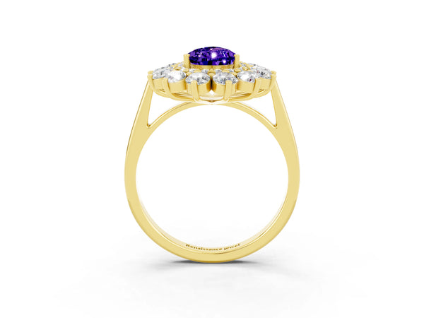 Yellow gold Pear Cut Tanzanite Floral Double Halo Engagement Ring with Prong Setting