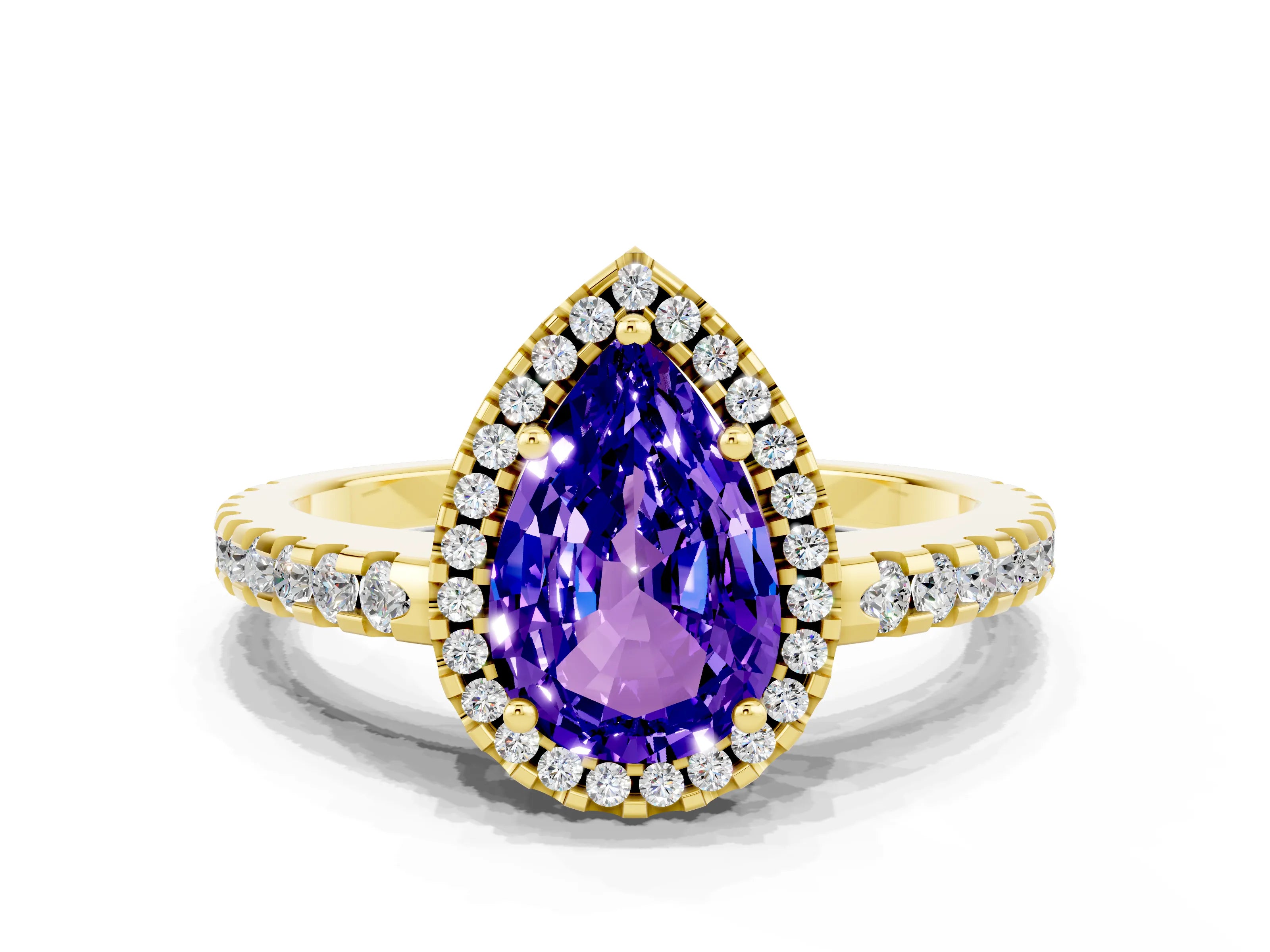 Yellow gold Pear Cut Tanzanite Halo Engagement Ring with Pavé Band and Prong Setting_12