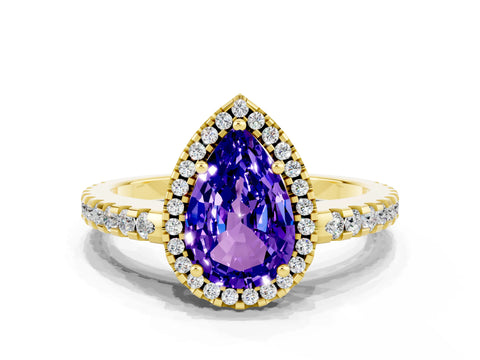 Yellow gold Pear Cut Tanzanite Halo Engagement Ring with Pavé Band and Prong Setting_12