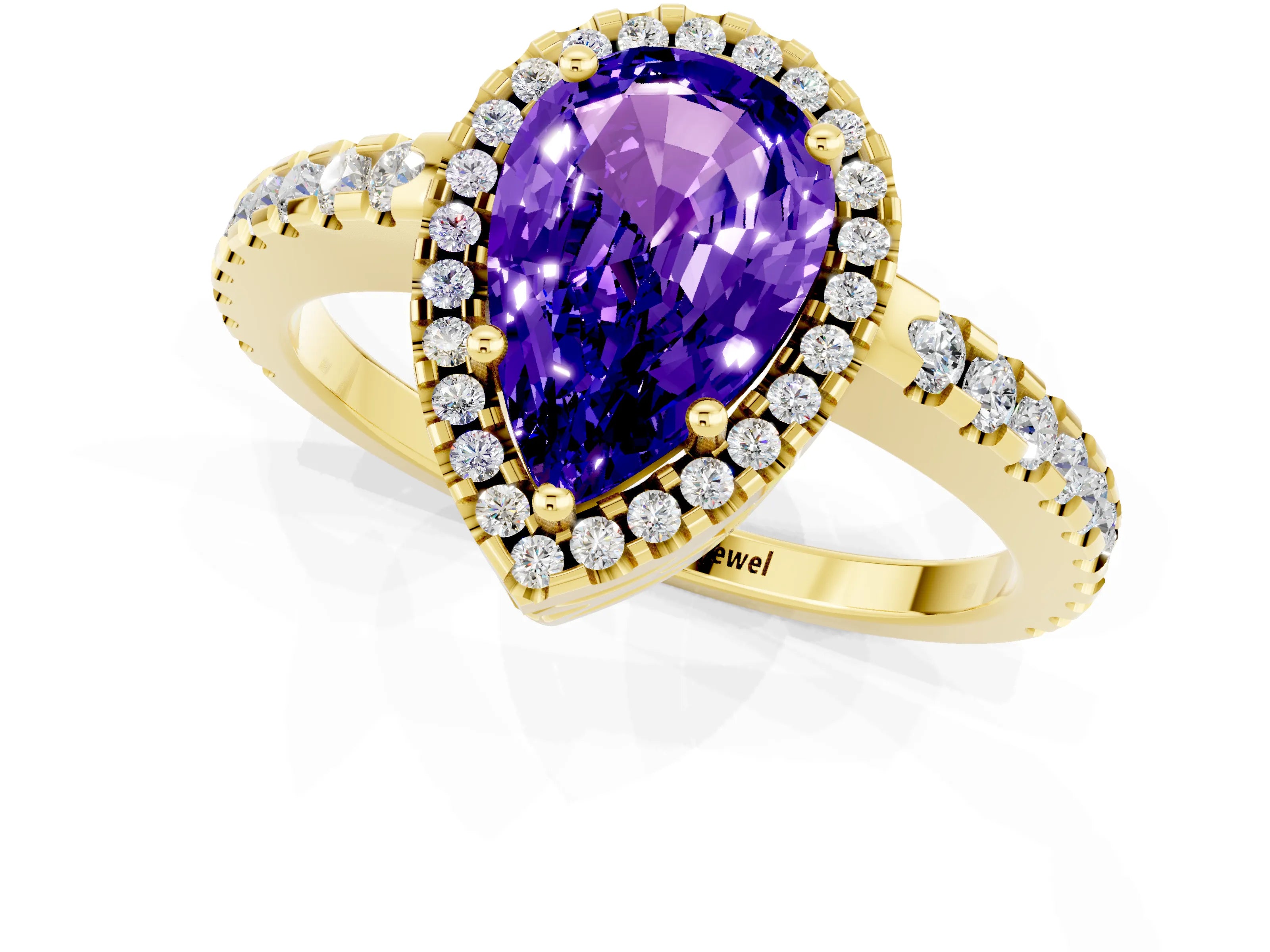 Yellow gold Pear Cut Tanzanite Halo Engagement Ring with Pavé Band and Prong Setting_13