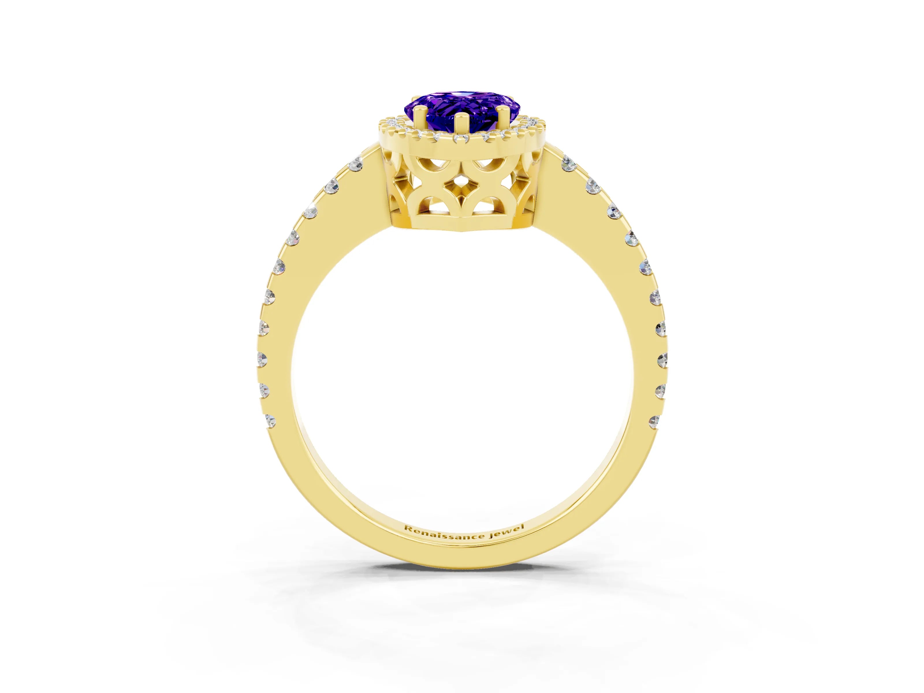 Yellow gold Pear Cut Tanzanite Halo Engagement Ring with Pavé Band and Prong Setting_15