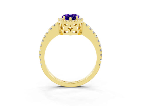 Yellow gold Pear Cut Tanzanite Halo Engagement Ring with Pavé Band and Prong Setting_15