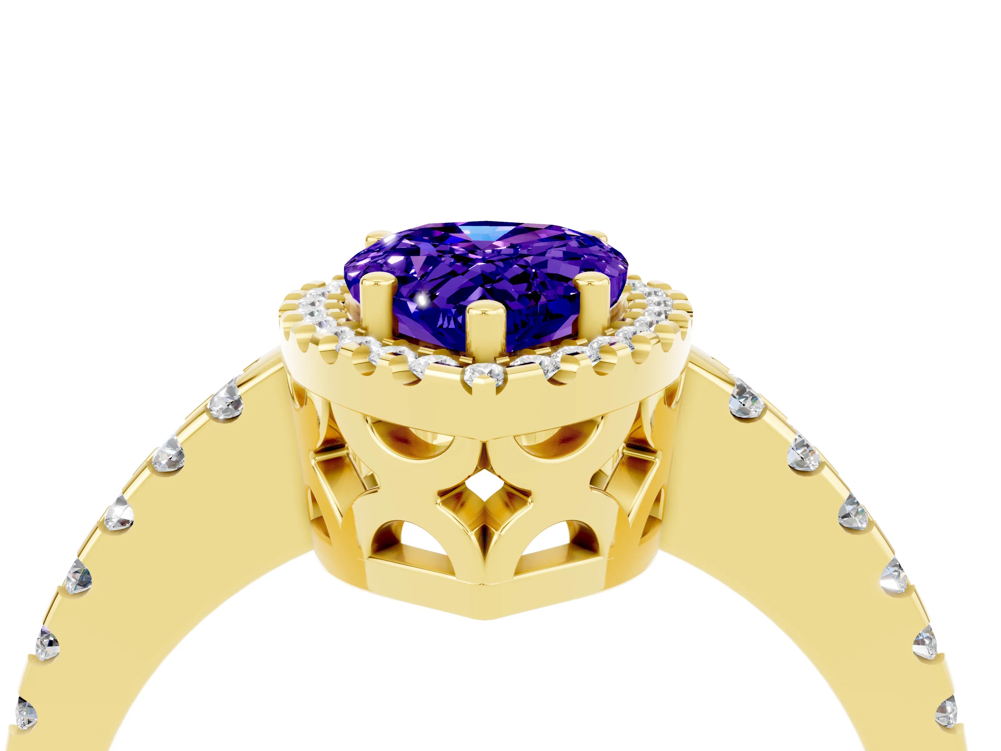 Yellow gold Pear Cut Tanzanite Halo Engagement Ring with Pavé Band and Prong Setting_16