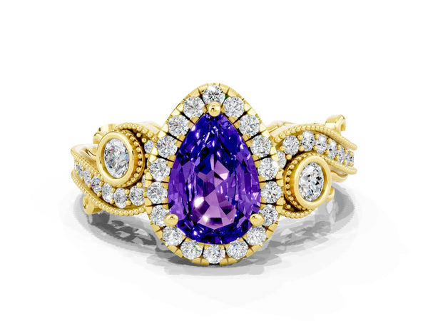 Yellow gold Pear Cut Tanzanite Halo Ring with Milgrain Pavé Band and Four-Prong Setting