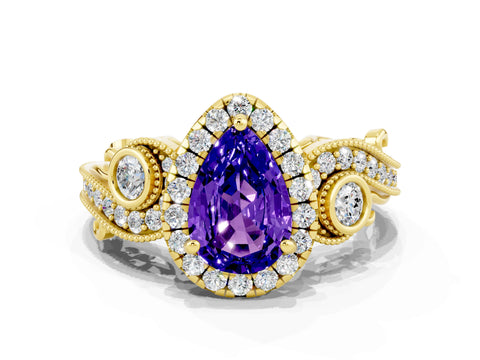 Yellow gold Pear Cut Tanzanite Halo Ring with Milgrain Pavé Band and Four-Prong Setting_12