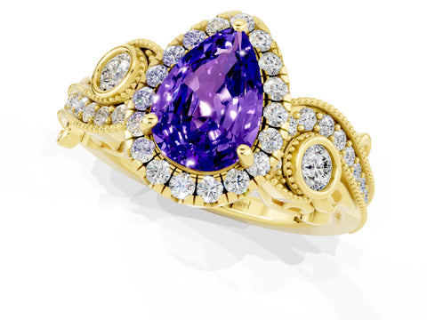Yellow gold Pear Cut Tanzanite Halo Ring with Milgrain Pavé Band and Four-Prong Setting_13