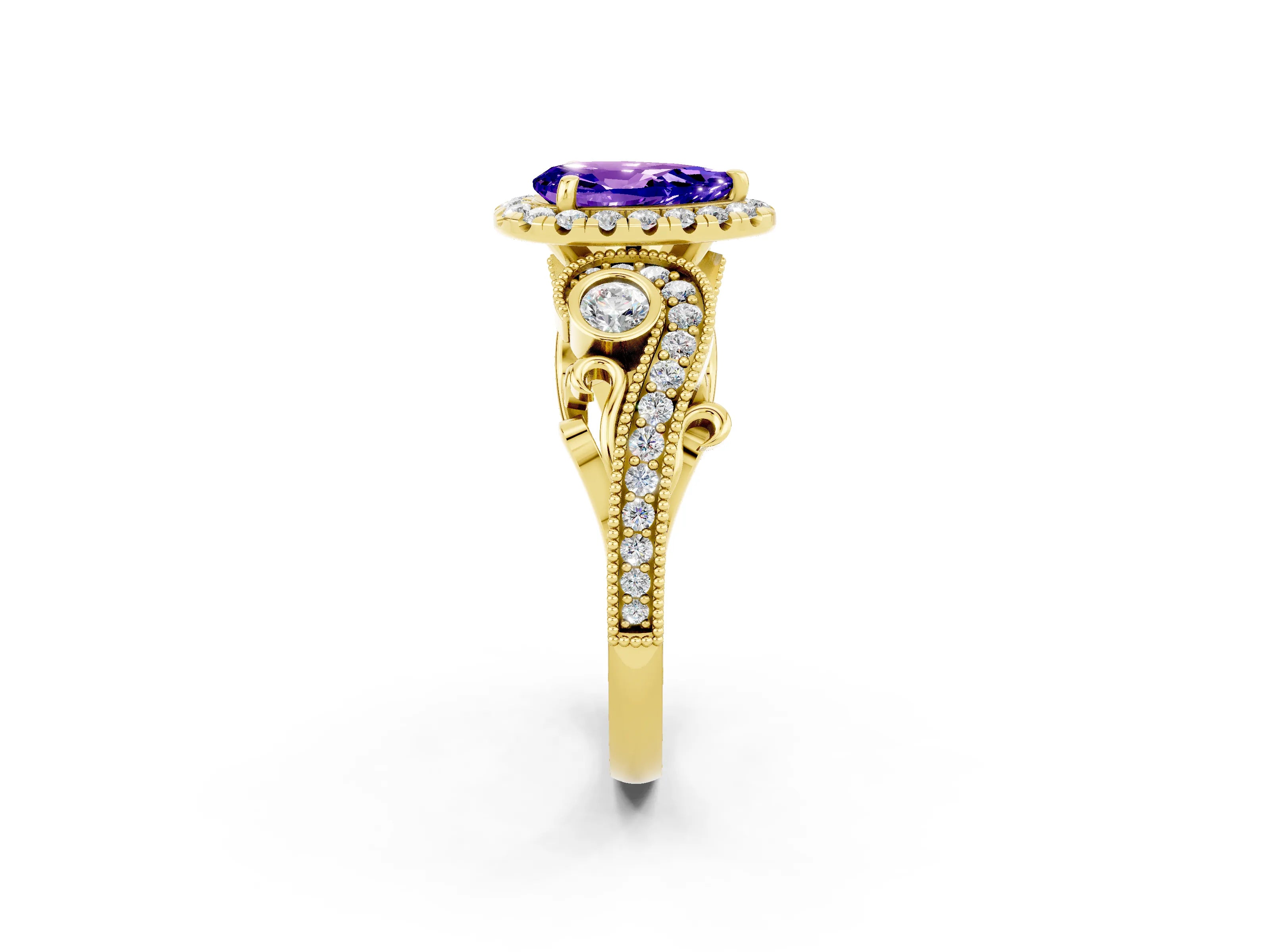 Yellow gold Pear Cut Tanzanite Halo Ring with Milgrain Pavé Band and Four-Prong Setting_14