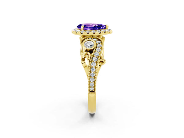 Yellow gold Pear Cut Tanzanite Halo Ring with Milgrain Pavé Band and Four-Prong Setting