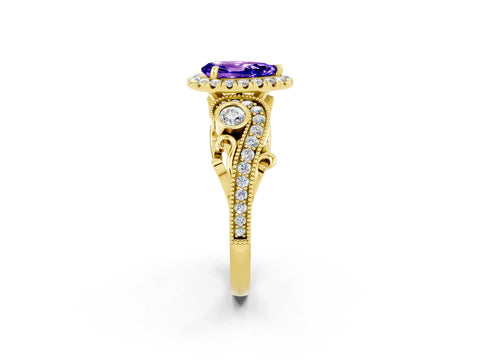 Yellow gold Pear Cut Tanzanite Halo Ring with Milgrain Pavé Band and Four-Prong Setting_14