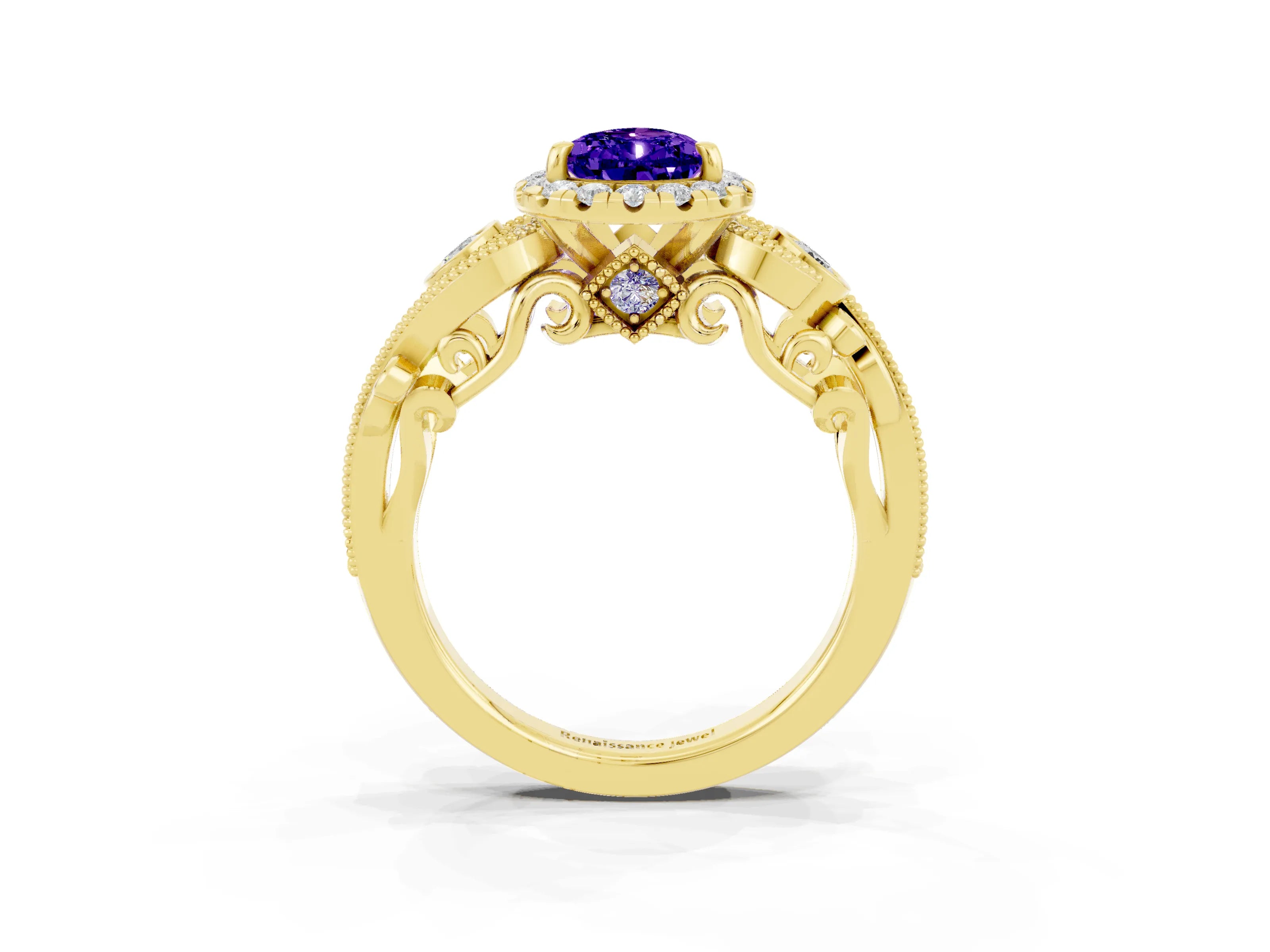 Yellow gold Pear Cut Tanzanite Halo Ring with Milgrain Pavé Band and Four-Prong Setting_15