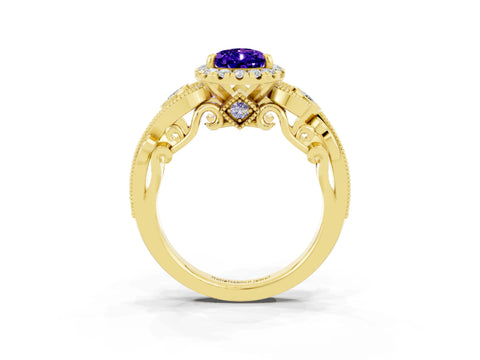 Yellow gold Pear Cut Tanzanite Halo Ring with Milgrain Pavé Band and Four-Prong Setting_15