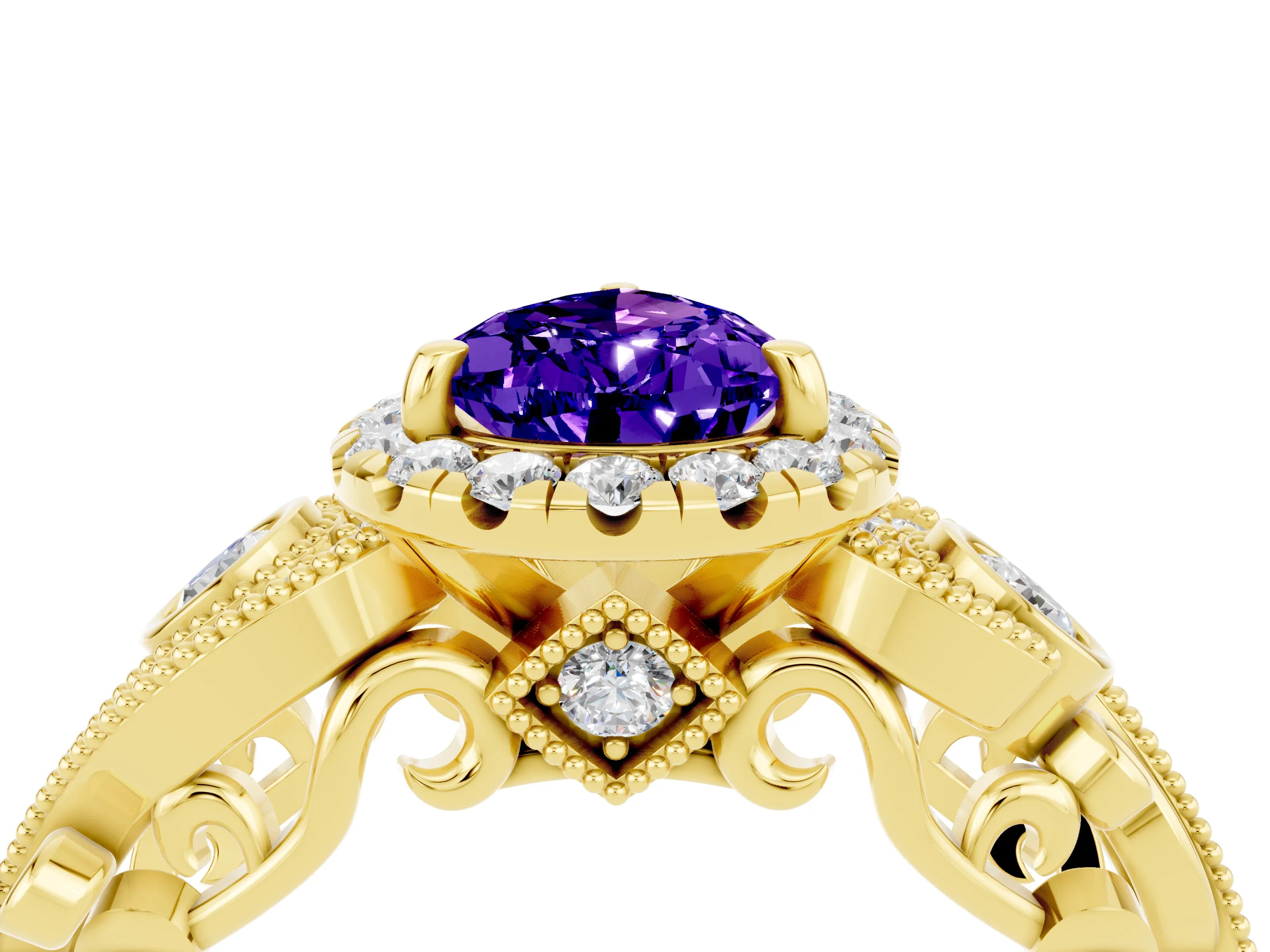 Yellow gold Pear Cut Tanzanite Halo Ring with Milgrain Pavé Band and Four-Prong Setting_16