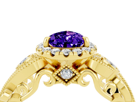Yellow gold Pear Cut Tanzanite Halo Ring with Milgrain Pavé Band and Four-Prong Setting_16