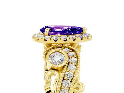 Yellow gold Pear Cut Tanzanite Halo Ring with Milgrain Pavé Band and Four-Prong Setting_17