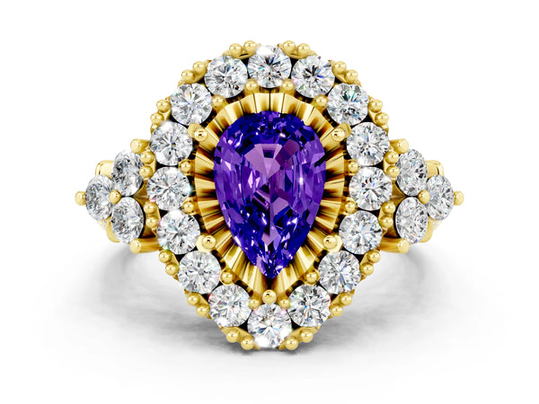 Yellow gold Pear Cut Tanzanite Halo Ring with Pavé Band and Four-Prong Setting
