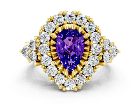 Yellow gold Pear Cut Tanzanite Halo Ring with Pavé Band and Four-Prong Setting_12