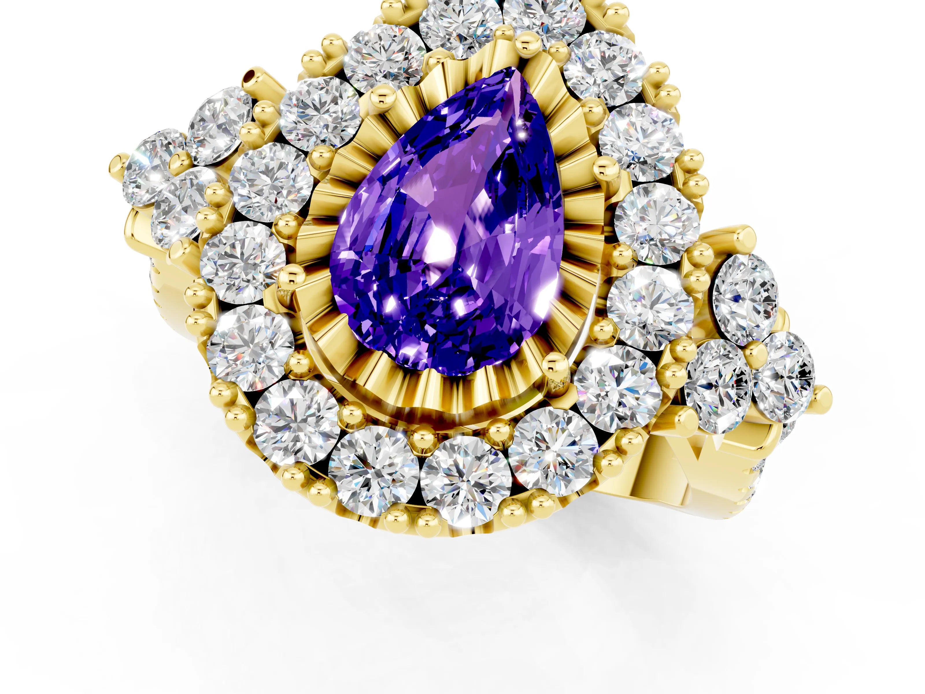 Yellow gold Pear Cut Tanzanite Halo Ring with Pavé Band and Four-Prong Setting_13