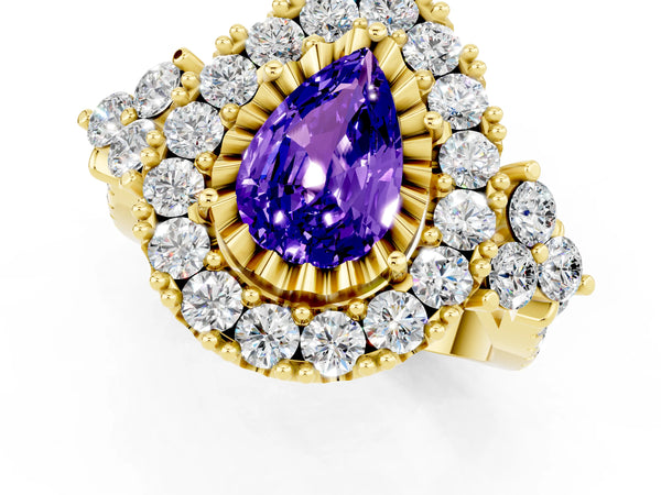 Yellow gold Pear Cut Tanzanite Halo Ring with Pavé Band and Four-Prong Setting
