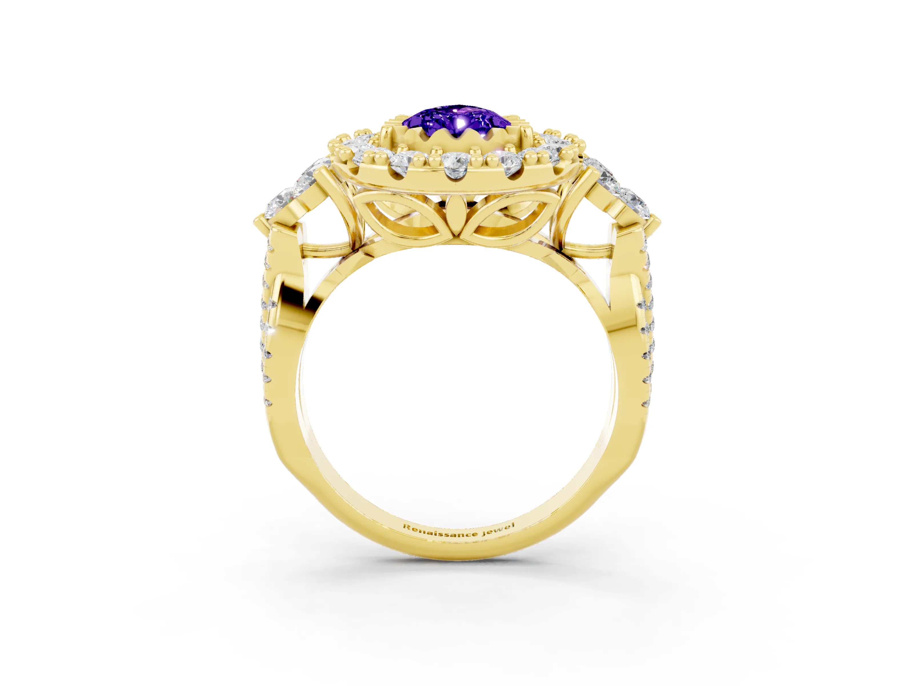 Yellow gold Pear Cut Tanzanite Halo Ring with Pavé Band and Four-Prong Setting_15