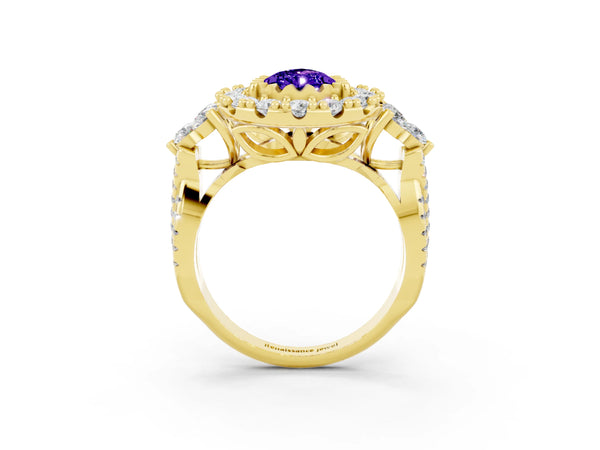 Yellow gold Pear Cut Tanzanite Halo Ring with Pavé Band and Four-Prong Setting