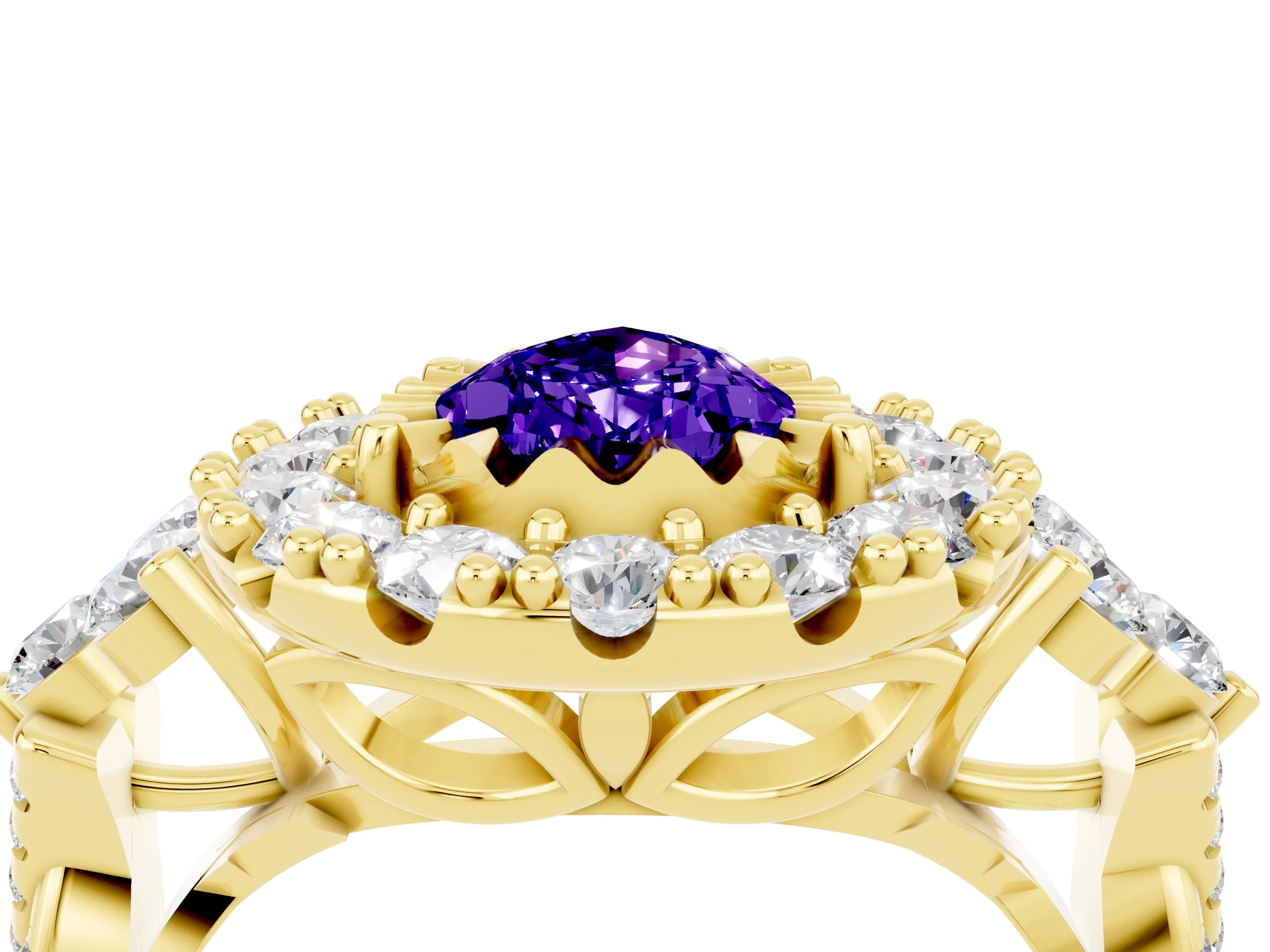 Yellow gold Pear Cut Tanzanite Halo Ring with Pavé Band and Four-Prong Setting_16