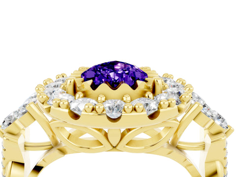 Yellow gold Pear Cut Tanzanite Halo Ring with Pavé Band and Four-Prong Setting_16