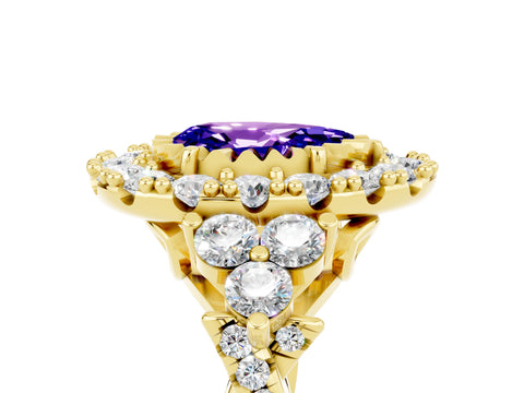Yellow gold Pear Cut Tanzanite Halo Ring with Pavé Band and Four-Prong Setting_17