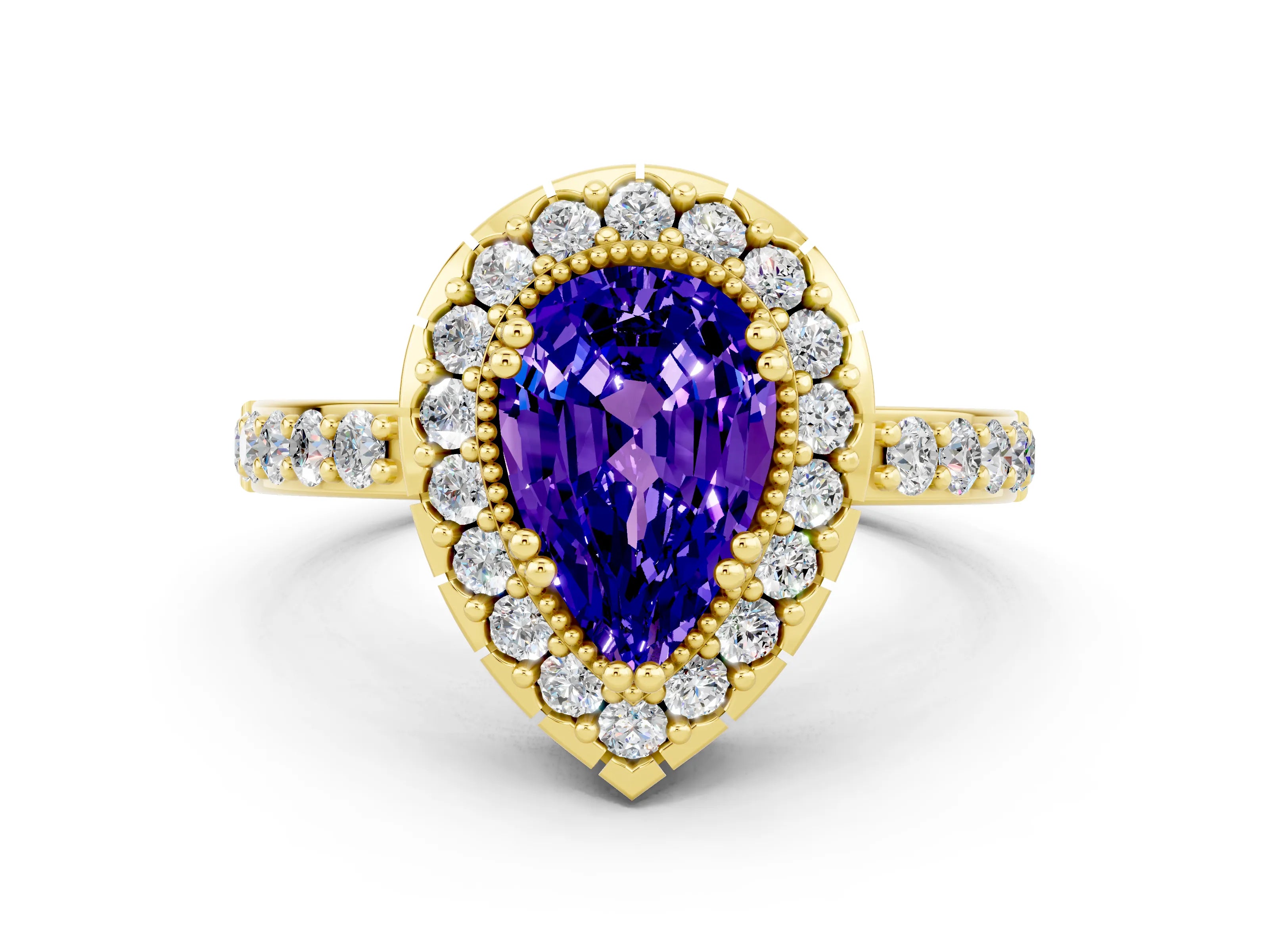 Yellow gold Pear Cut Tanzanite Halo Ring with Pavé Band and Prong Setting