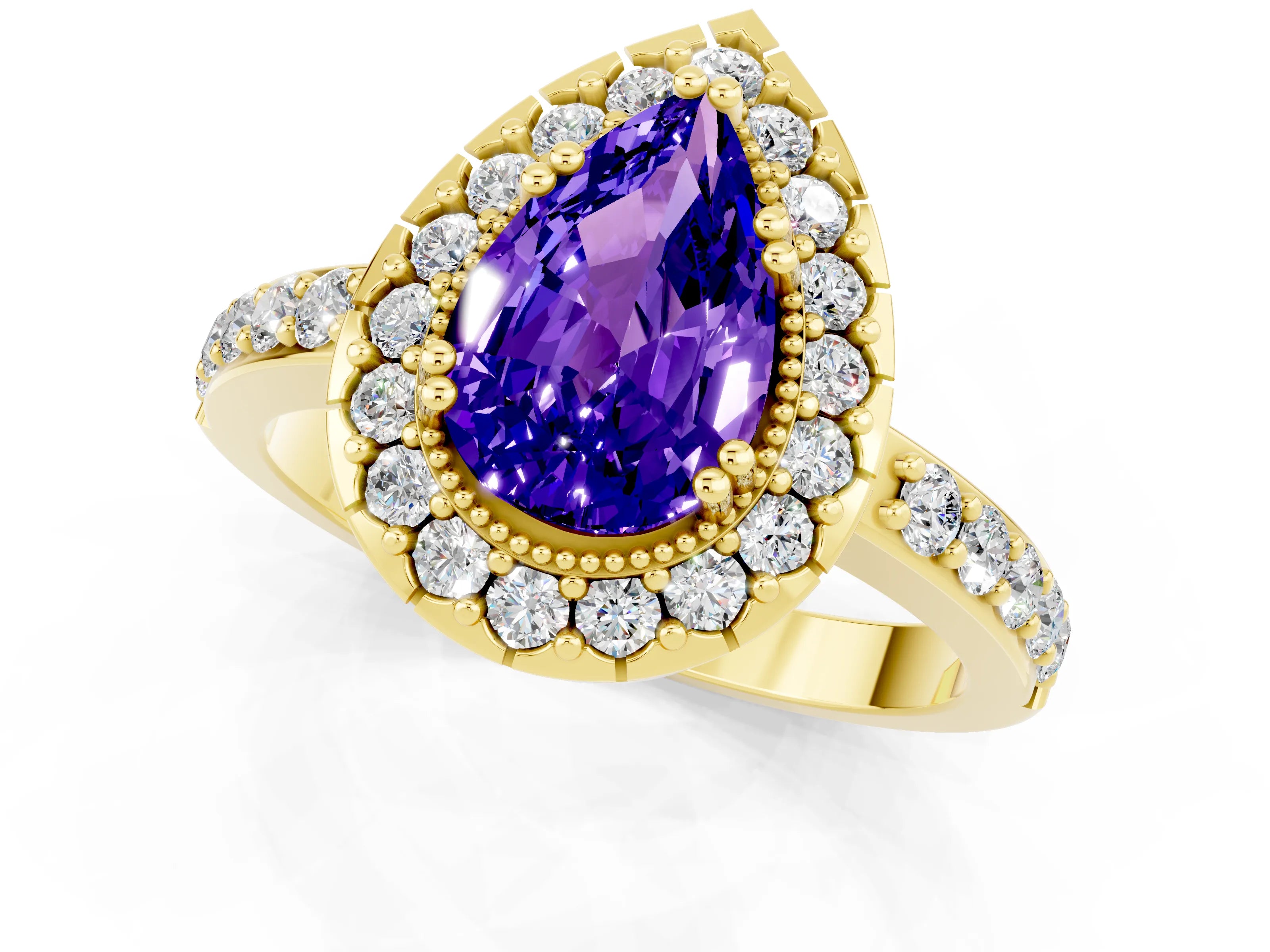Yellow gold Pear Cut Tanzanite Halo Ring with Pavé Band and Prong Setting_1